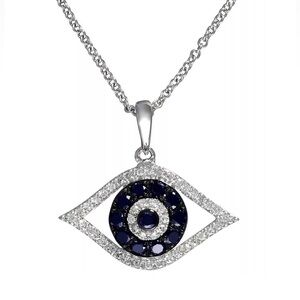 Sapphire, Black & White Diamond Evil Eye Pendant Necklace 14k White Gold